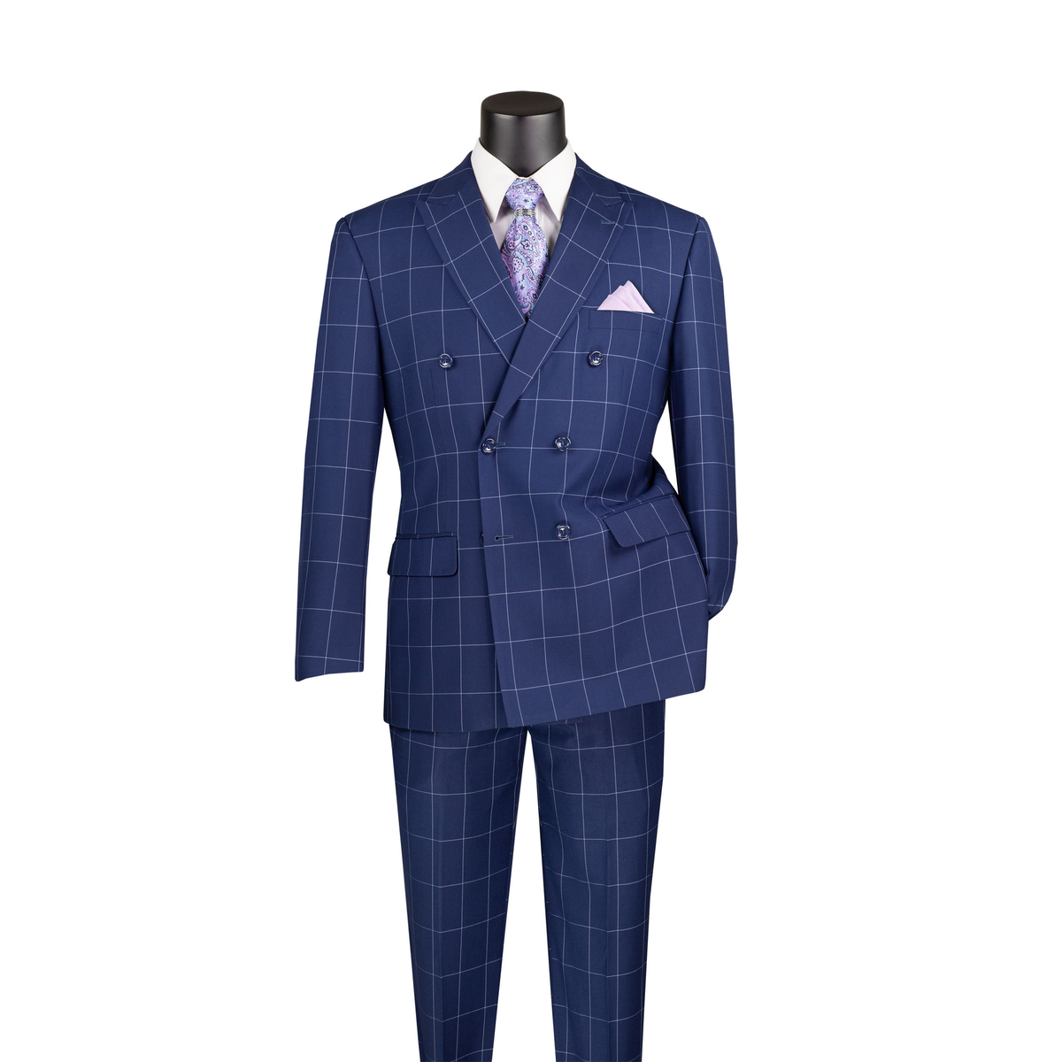 Blue windowpane-check double-breasted suit with peak lapels and matching trousers, front view.
