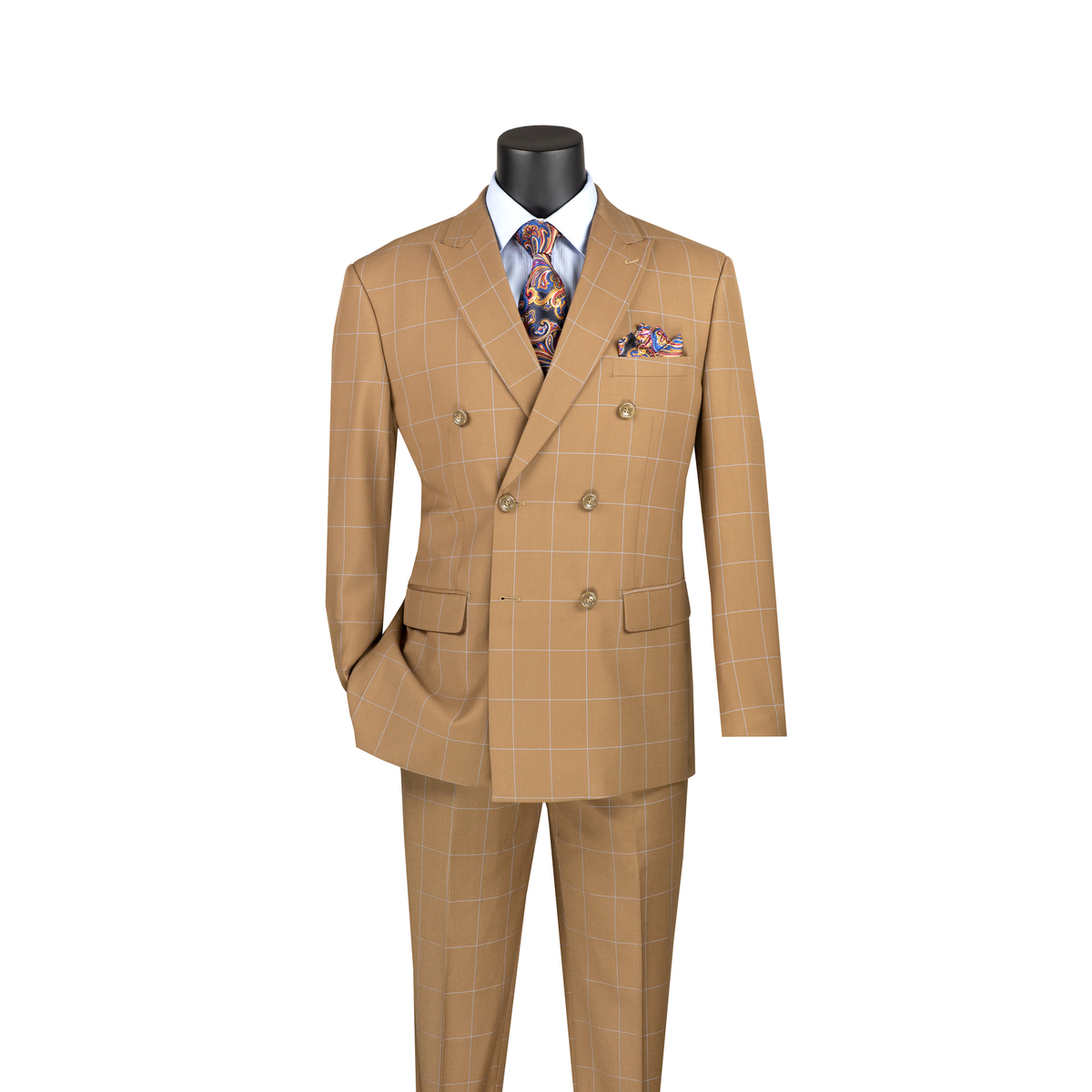 Camel brown windowpane-check double-breasted suit with peak lapels and matching trousers, front view.