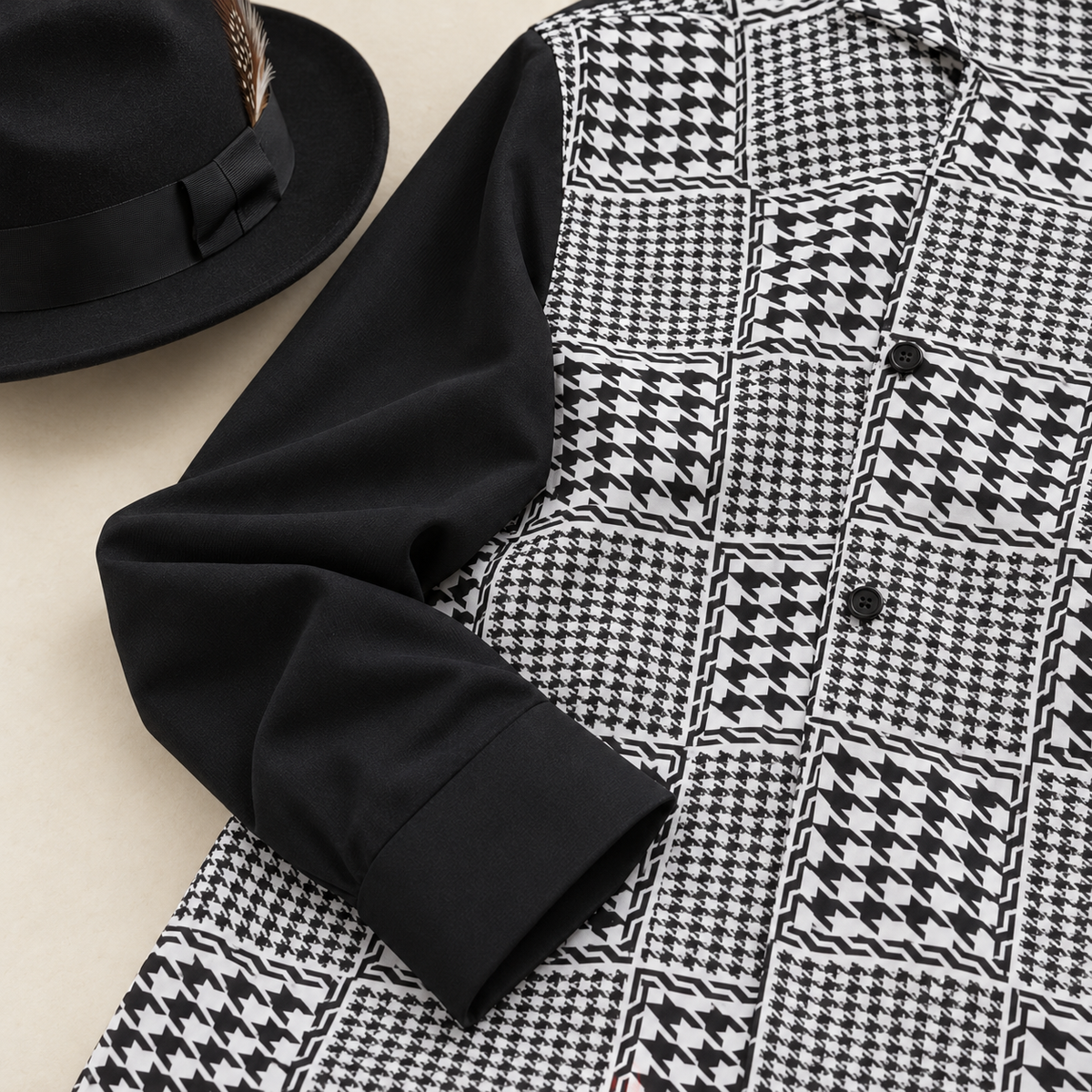 Montique black houndstooth walking suit sleeve and cuff with black fedora