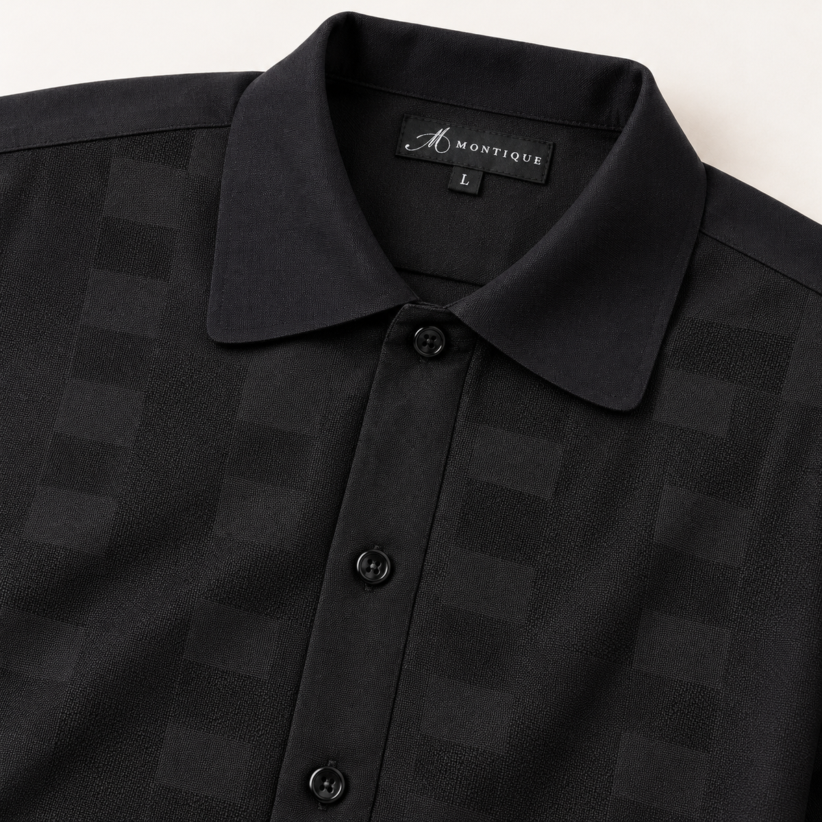 Montique black tonal block walking suit rounded collar detail