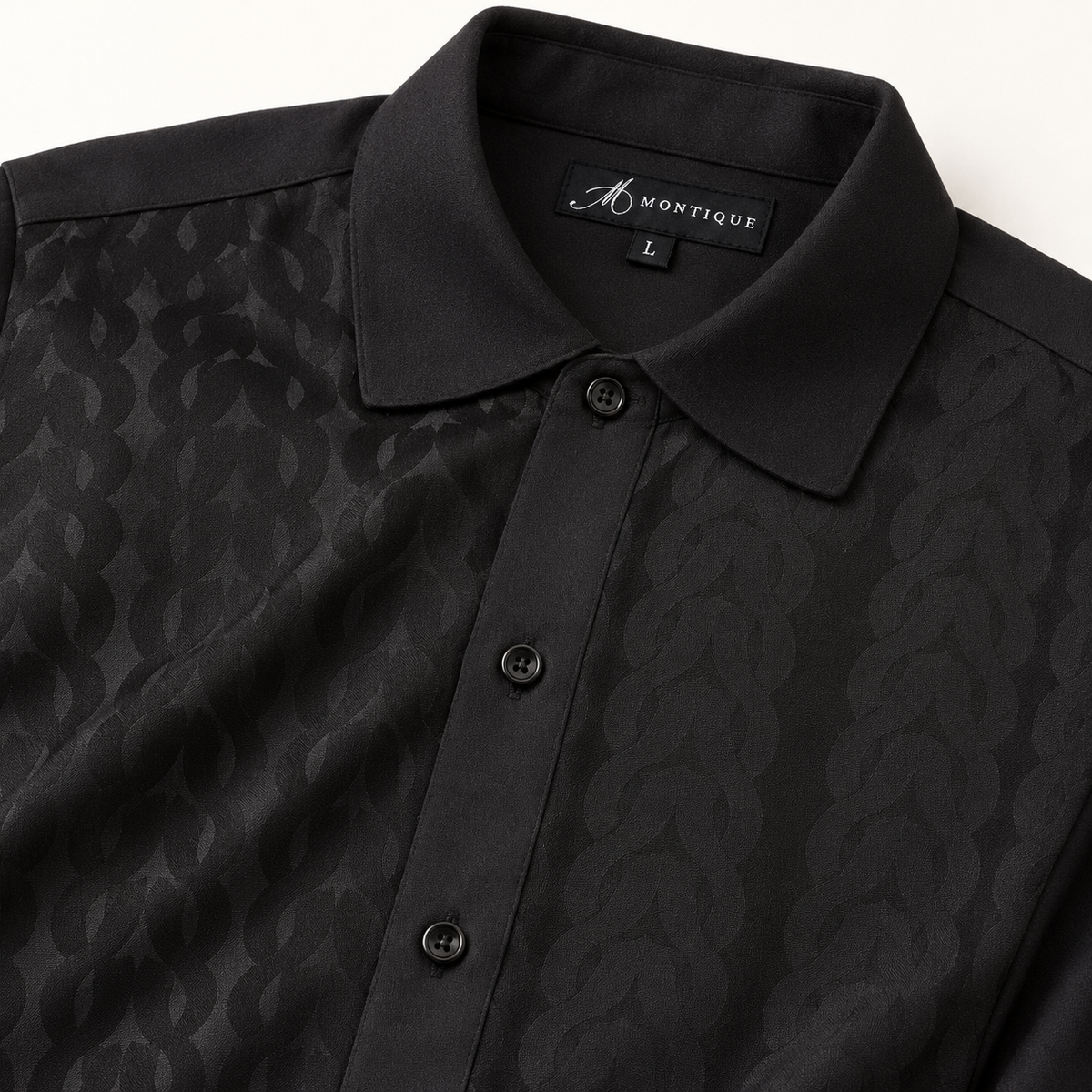 Montique black tonal chain walking suit rounded collar detail