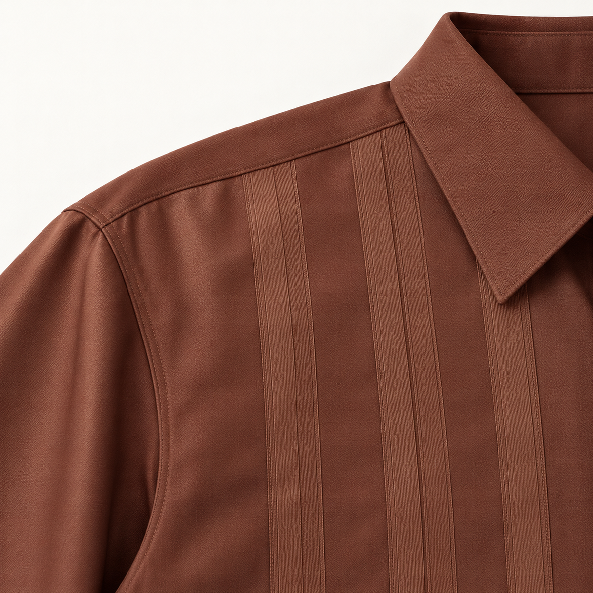 Montique brown vertical stripe walking suit shoulder collar detail