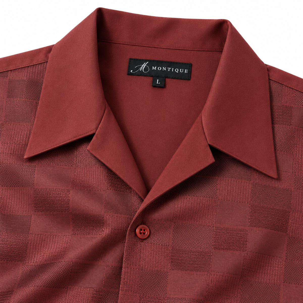 Montique burgundy checkerboard walking suit open camp collar and neck label