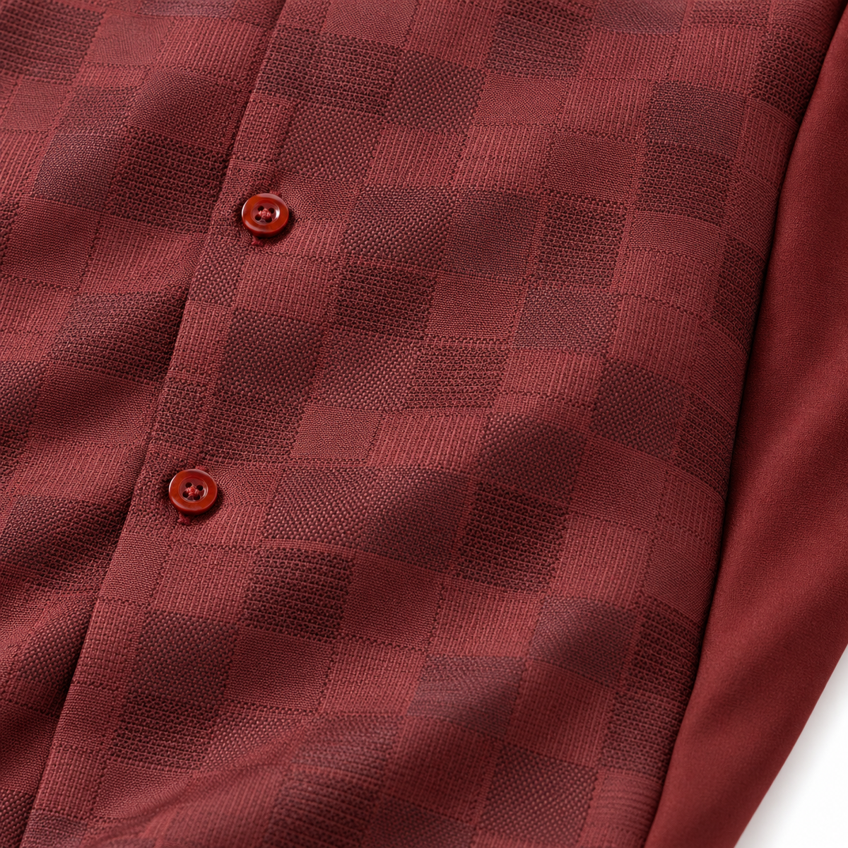 Montique burgundy checkerboard walking suit fabric and front button detail