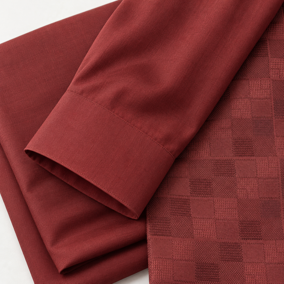 Montique burgundy checkerboard walking suit plain sleeve cuff and matching trouser fabric