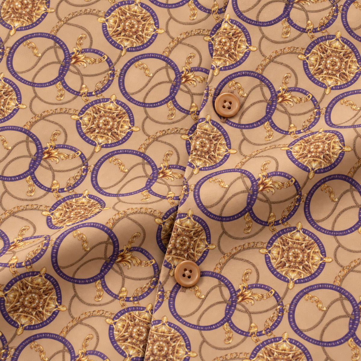 Montique camel chain print walking suit shirt fabric and button detail