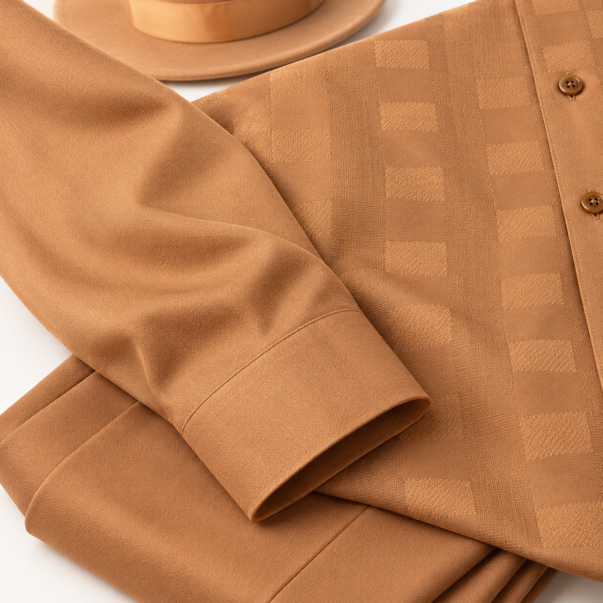 Montique camel tonal block walking suit sleeve trouser detail