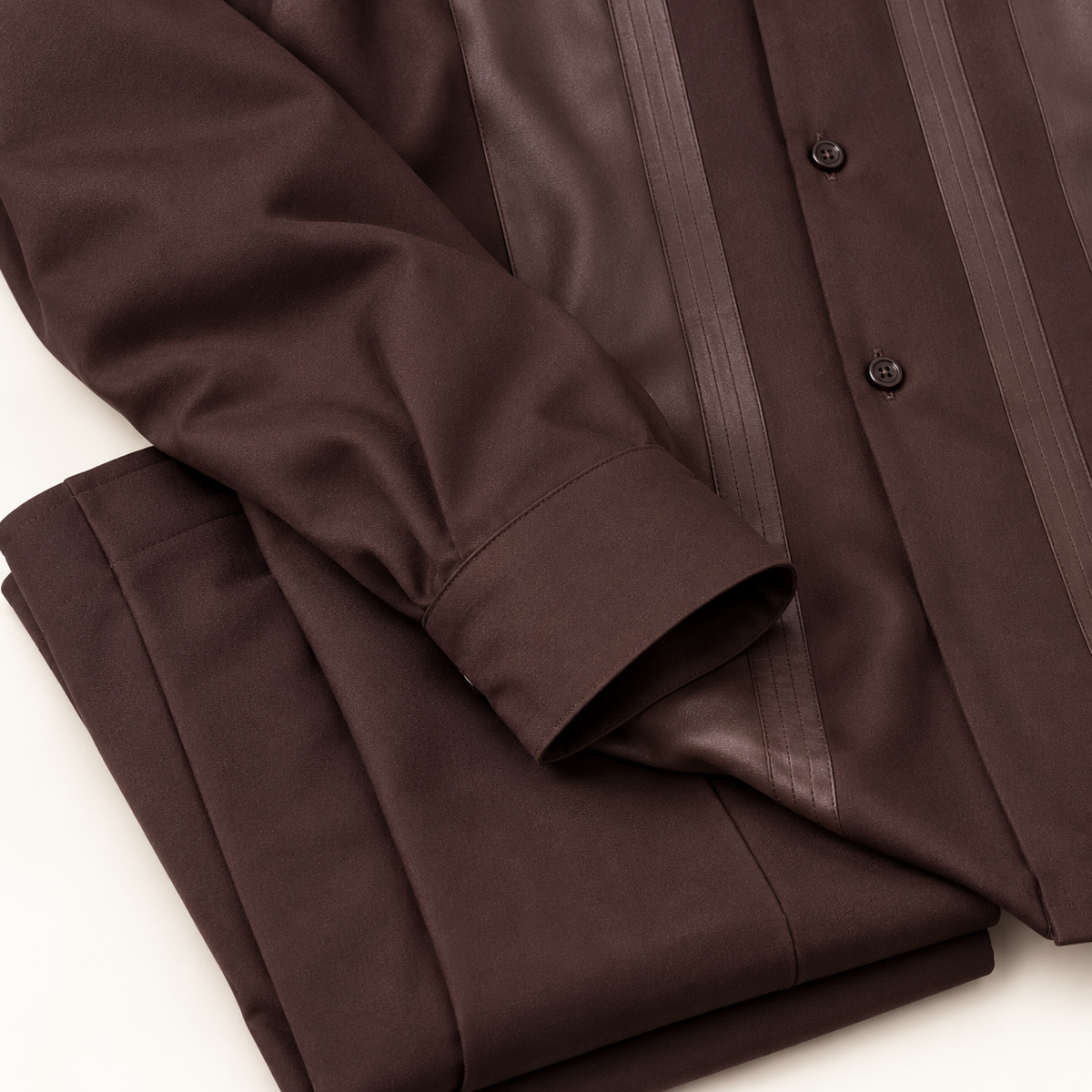 Montique chocolate vertical panel walking suit sleeve trouser detail