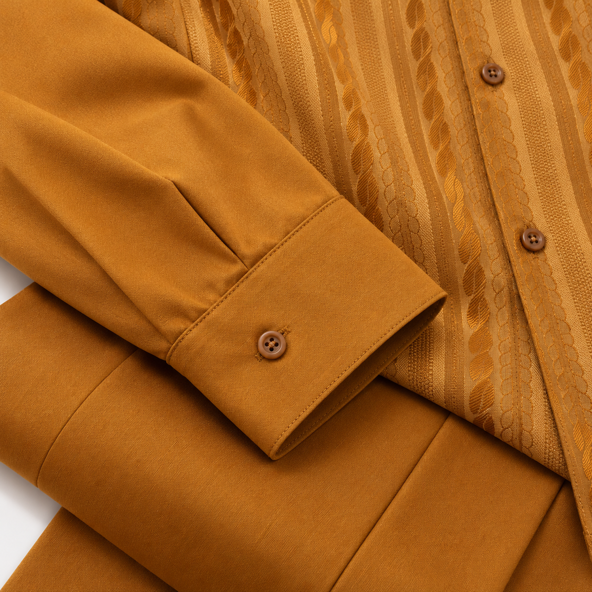 Montique gold textured stripe walking suit single-button cuff and matching trouser fabric detail