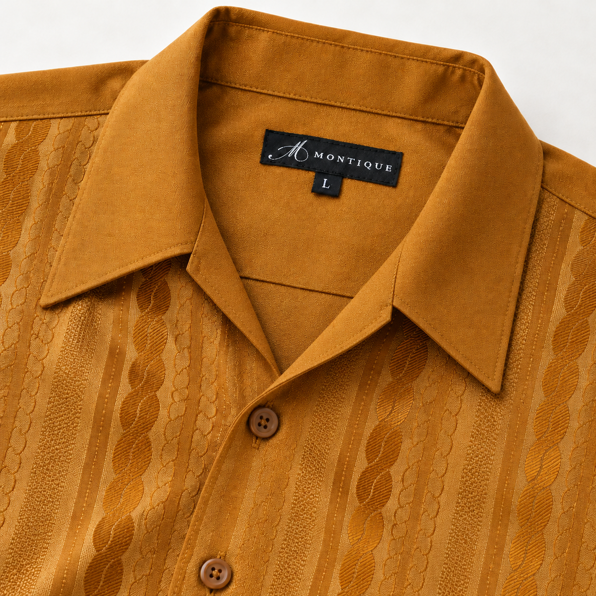 Montique gold textured stripe walking suit open camp collar and neck label detail