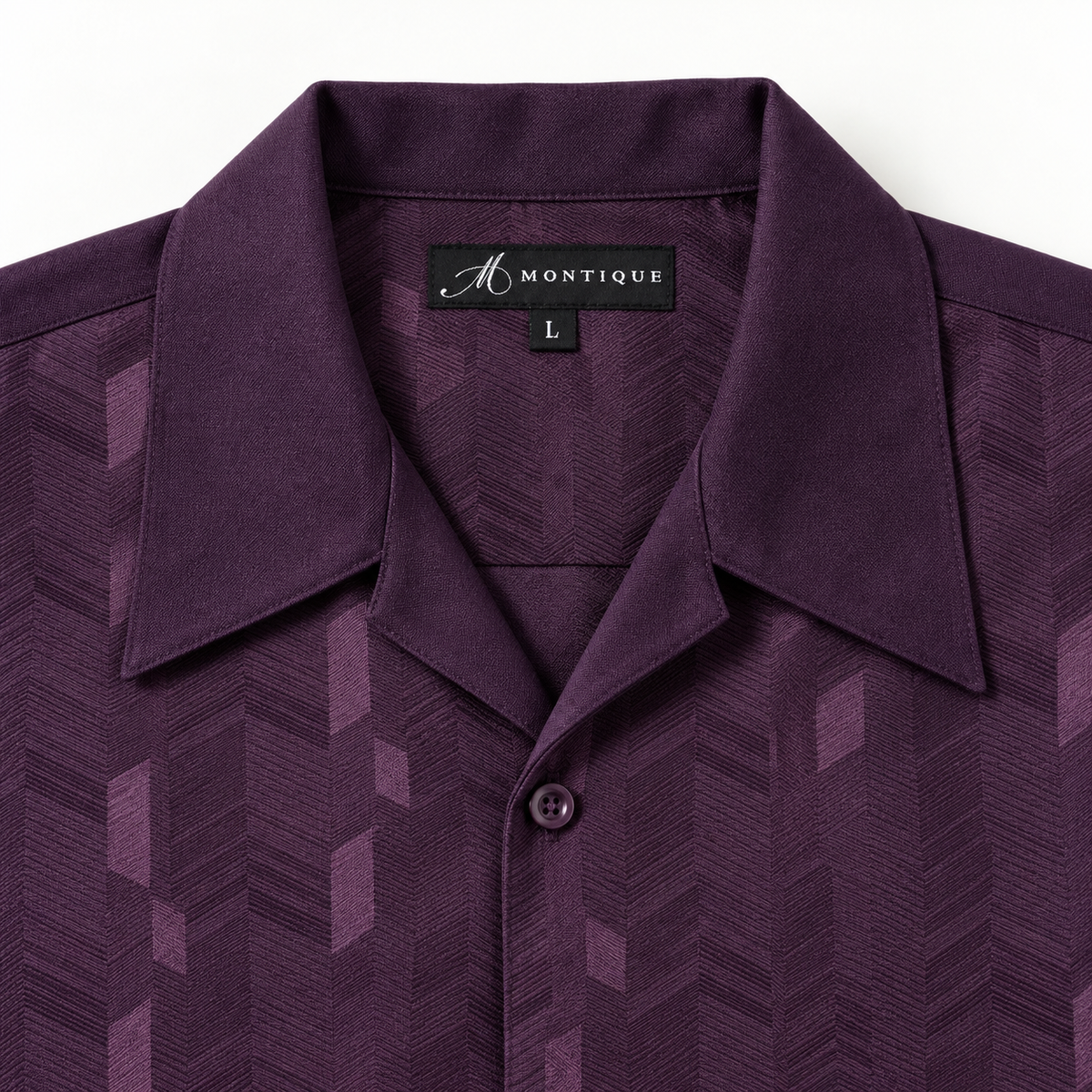 Montique grape geometric walking suit open camp collar label detail