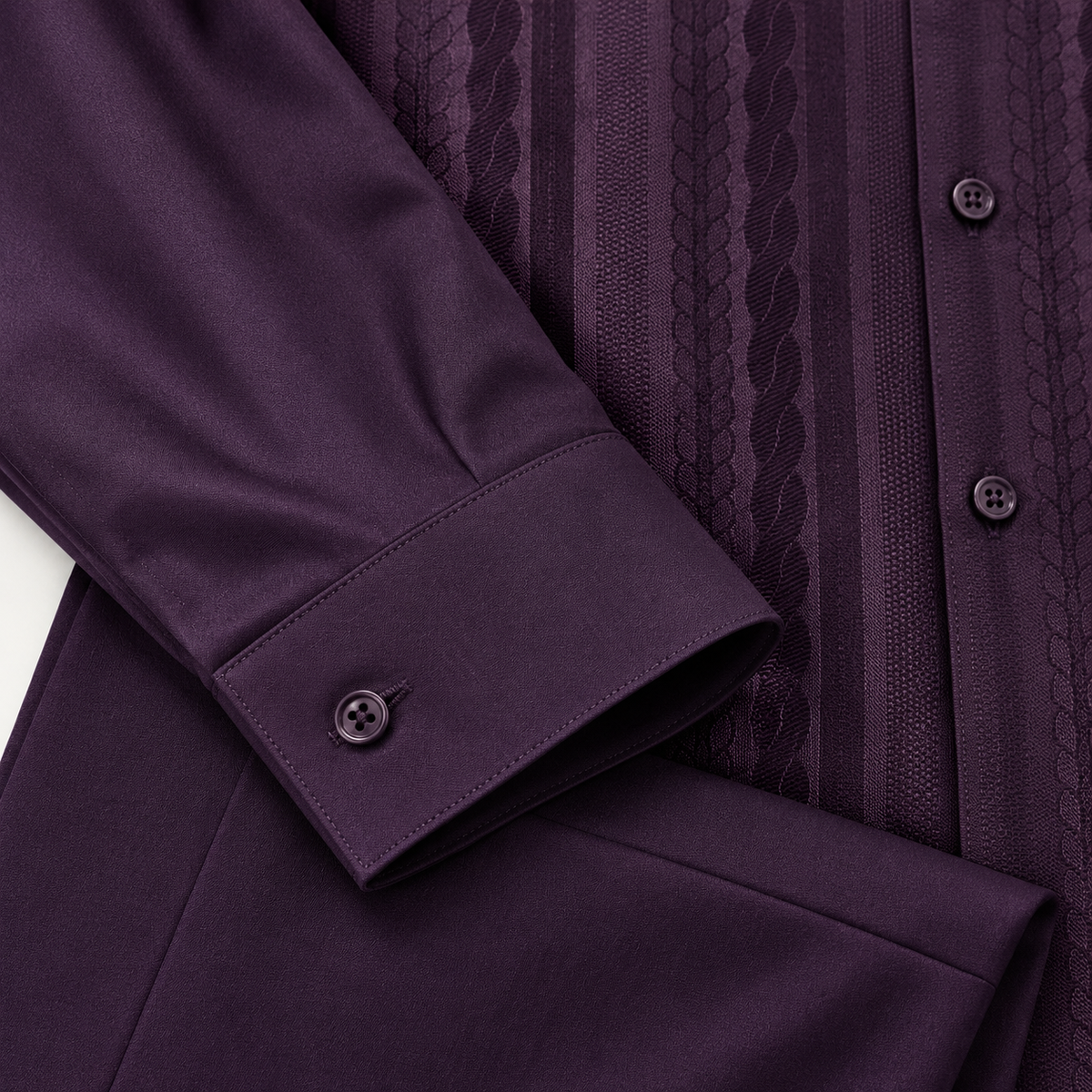 Montique grape textured stripe walking suit single-button cuff and matching trouser fabric detail