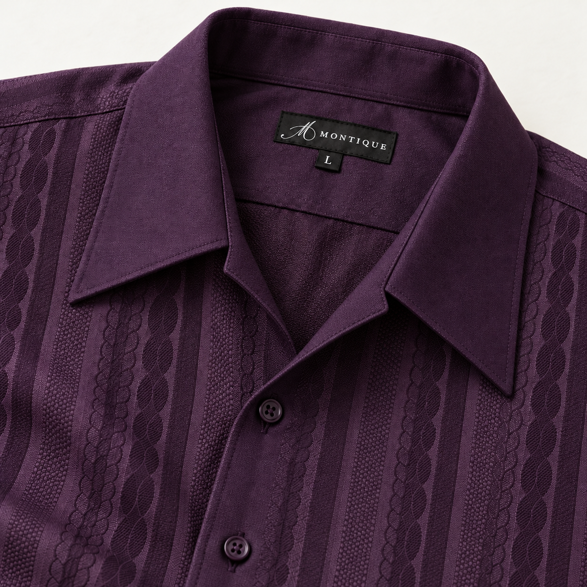 Montique grape textured stripe walking suit open camp collar and neck label detail