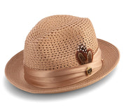 Men's Tan Mesh Fedora Hat - Montique Pinch Crown Fedora