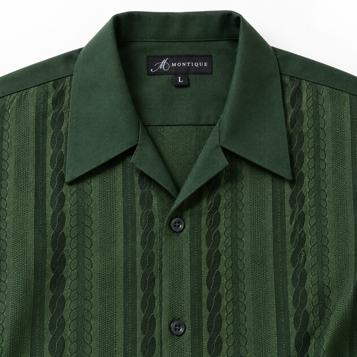 Montique hunter textured stripe walking suit open camp collar label detail