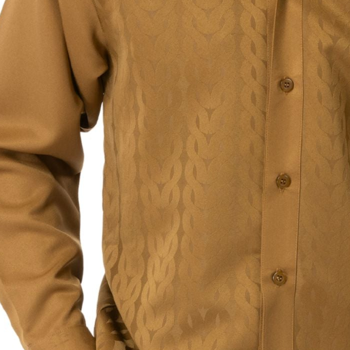 Mustard Montique walking suit shirt close-up showing the tonal chain pattern and button front
