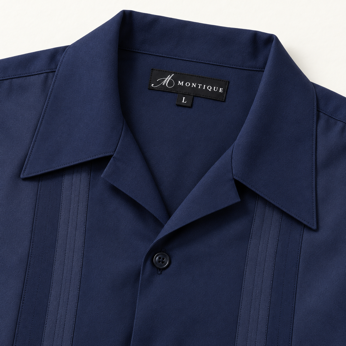 Montique navy vertical panel walking suit open collar label detail