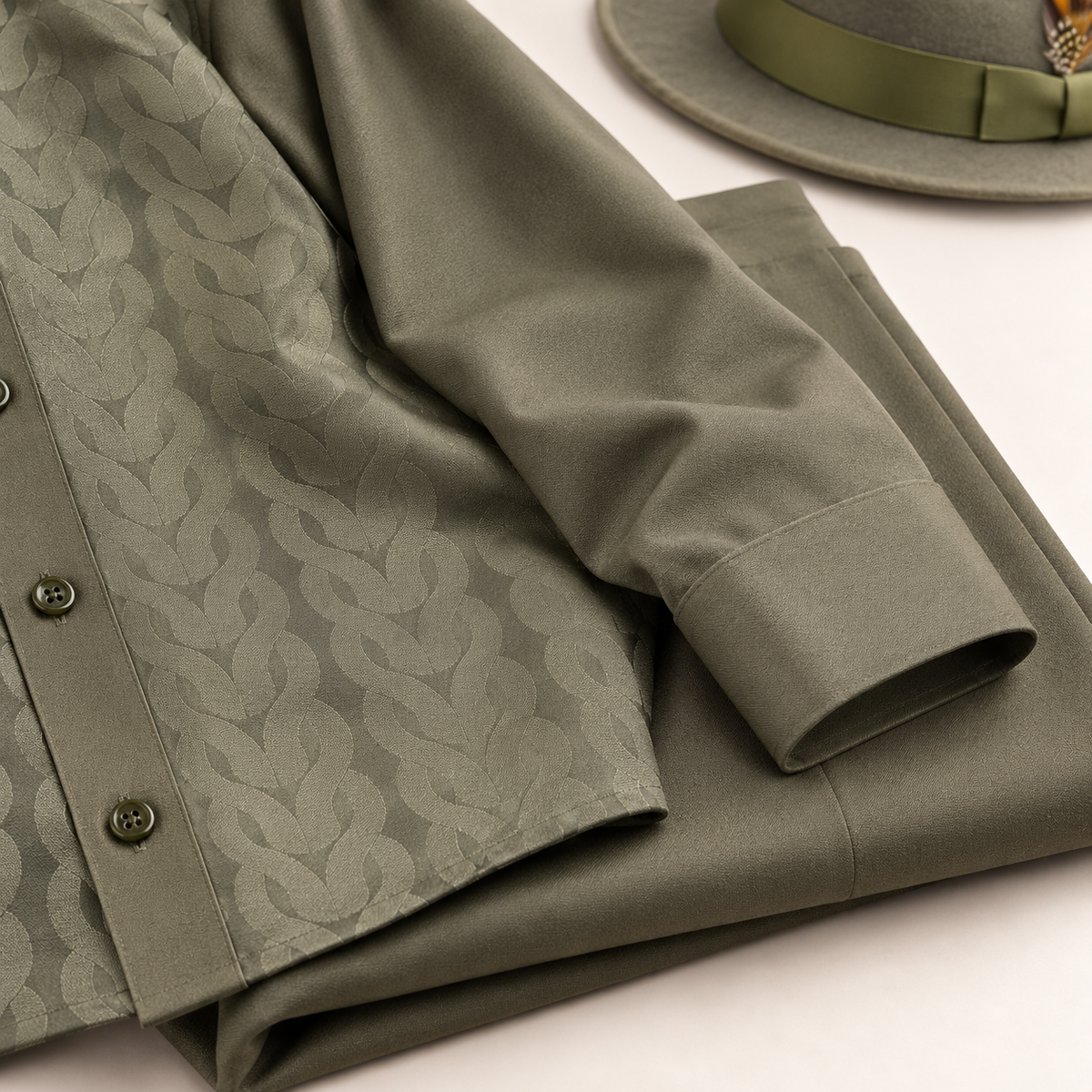 Montique olive tonal chain walking suit sleeve trouser detail