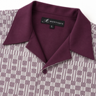 Montique plum geometric walking suit open collar and neck label detail