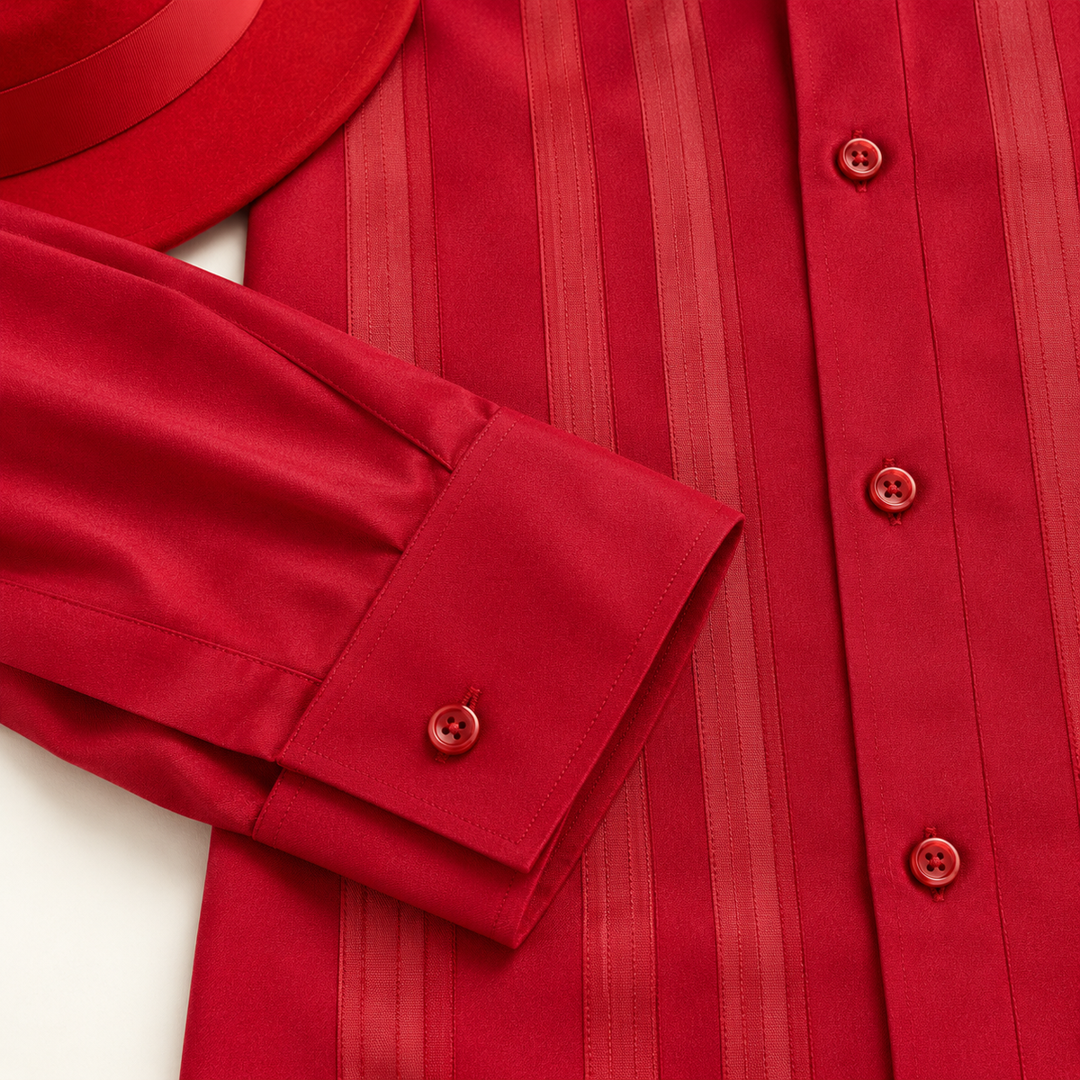 Montique red vertical stripe walking suit cuff detail