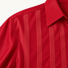 Montique red vertical stripe walking suit shoulder collar detail
