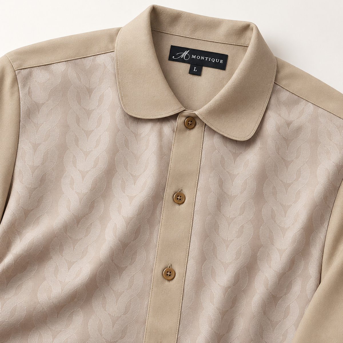 Montique tan tonal chain walking suit rounded collar detail