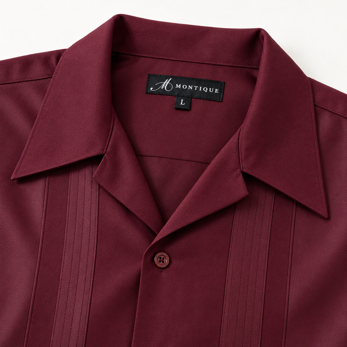 Montique wine vertical panel walking suit open collar label detail