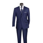 Blue windowpane-check suit with a two-button peak-lapel jacket, ticket pocket and matching trousers, front view.