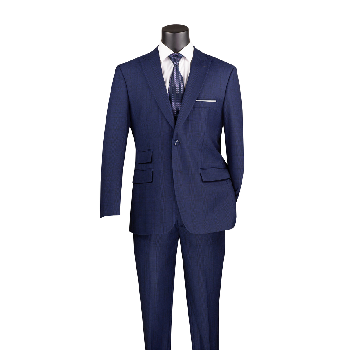 Blue windowpane-check suit with a two-button peak-lapel jacket, ticket pocket and matching trousers, front view.