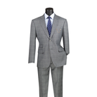 Gray windowpane-check suit with a two-button peak-lapel jacket, ticket pocket and matching trousers, front view.