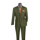 Olive windowpane-check suit with a two-button peak-lapel jacket, ticket pocket and matching trousers, front view.