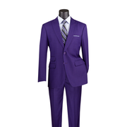 Purple windowpane-check suit with a two-button peak-lapel jacket, ticket pocket and matching trousers, front view.