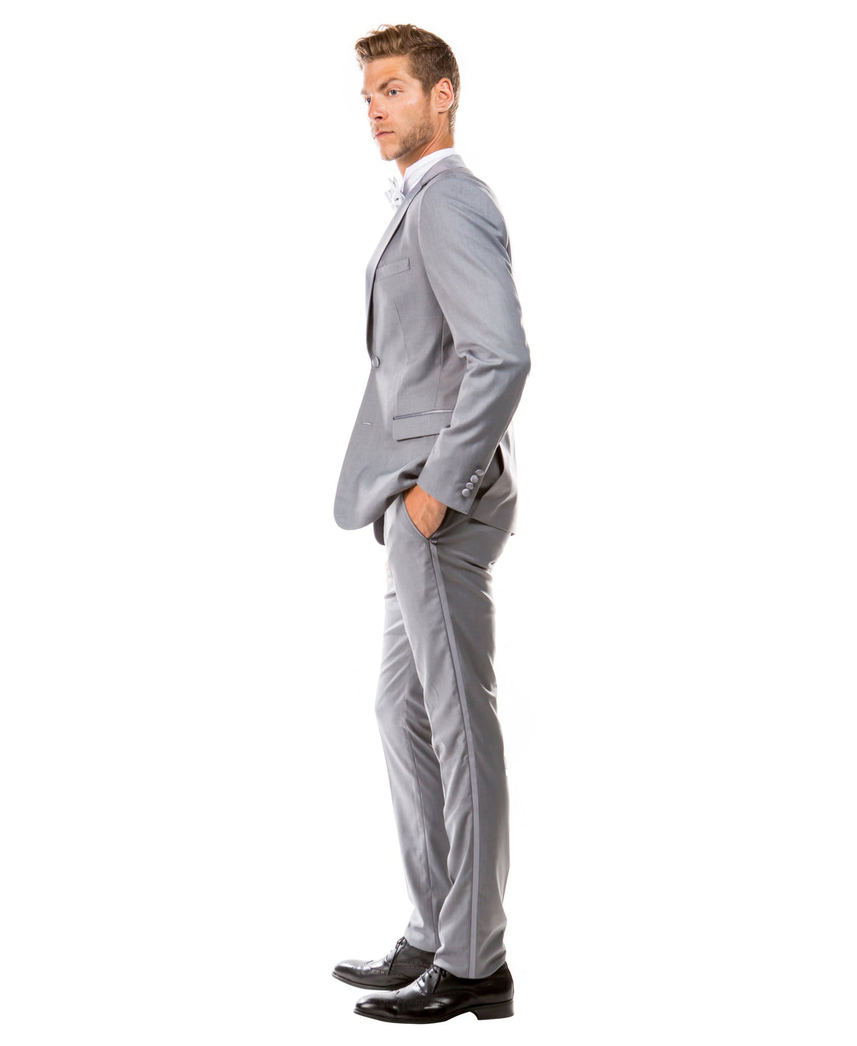 Grey hybrid fit two-piece tuxedo side view