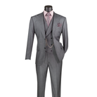 Charcoal textured three-piece suit with notch lapels, a double-breasted vest and matching trousers, front view.