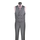 Charcoal textured double-breasted vest with shawl lapels and matching trousers, front view.