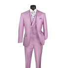 Lavender textured three-piece suit with notch lapels, a double-breasted vest and matching trousers, front view.