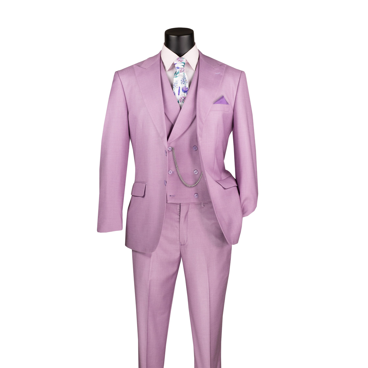 Lavender textured three-piece suit with notch lapels, a double-breasted vest and matching trousers, front view.