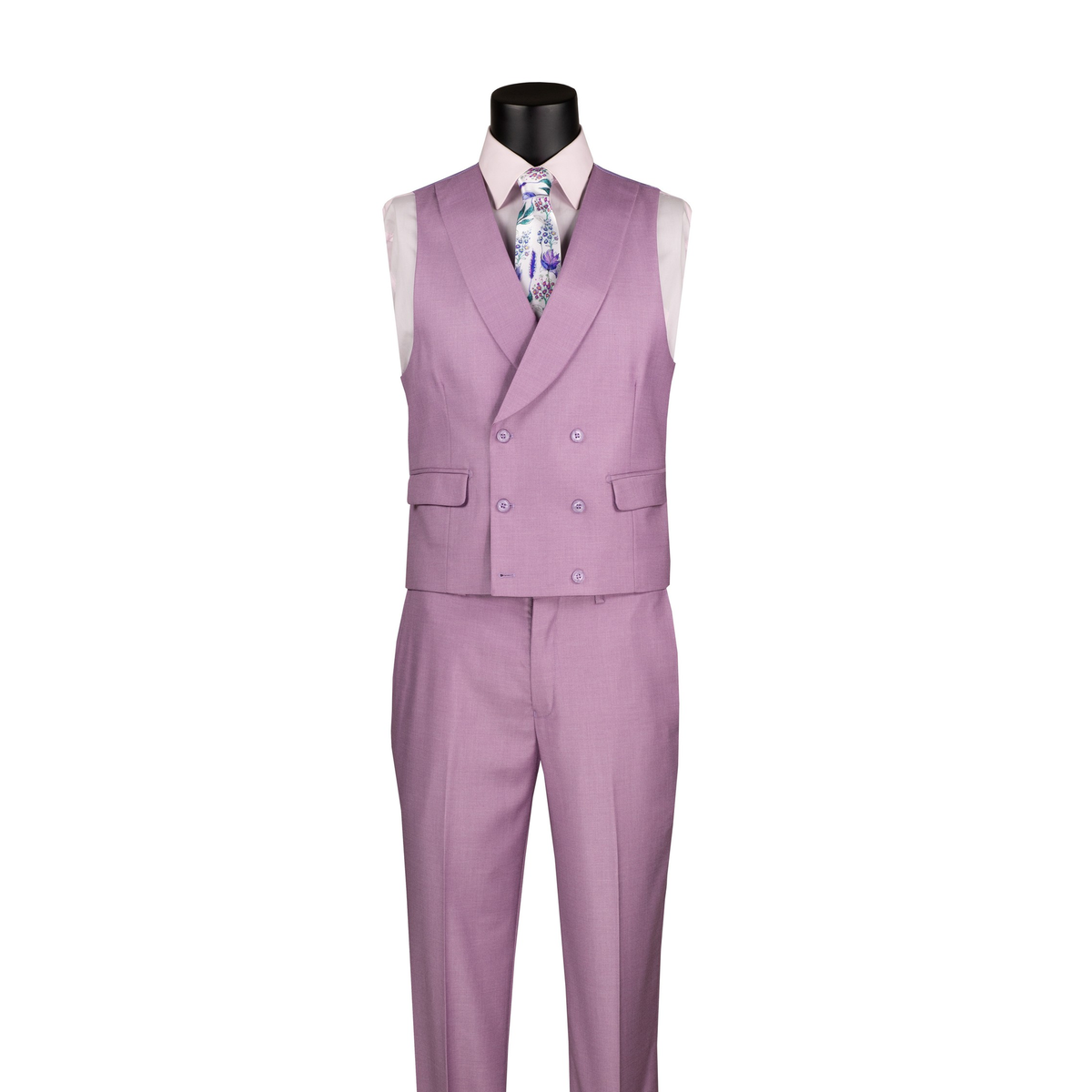 Lavender textured double-breasted vest with shawl lapels and matching trousers, front view.