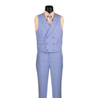 Light blue textured double-breasted vest with shawl lapels and matching trousers, front view.