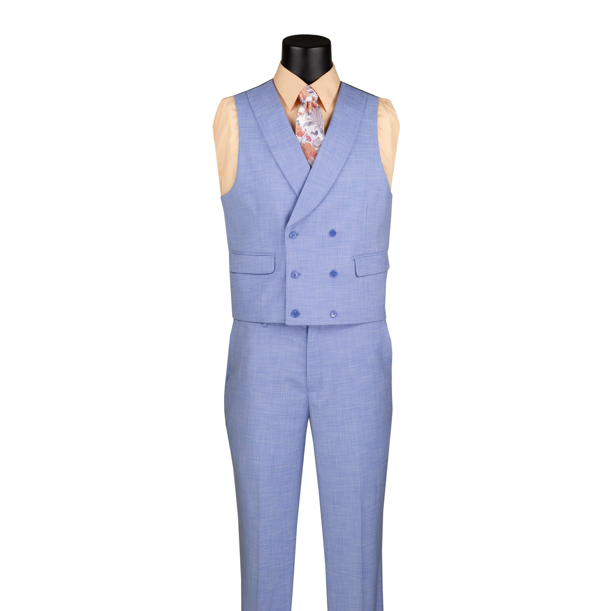 Light blue textured double-breasted vest with shawl lapels and matching trousers, front view.