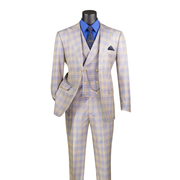 Blue and beige windowpane plaid three-piece suit with a double-breasted vest and matching trousers, front view.