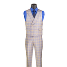 Blue and beige windowpane plaid double-breasted vest with shawl lapels and matching trousers, front view.