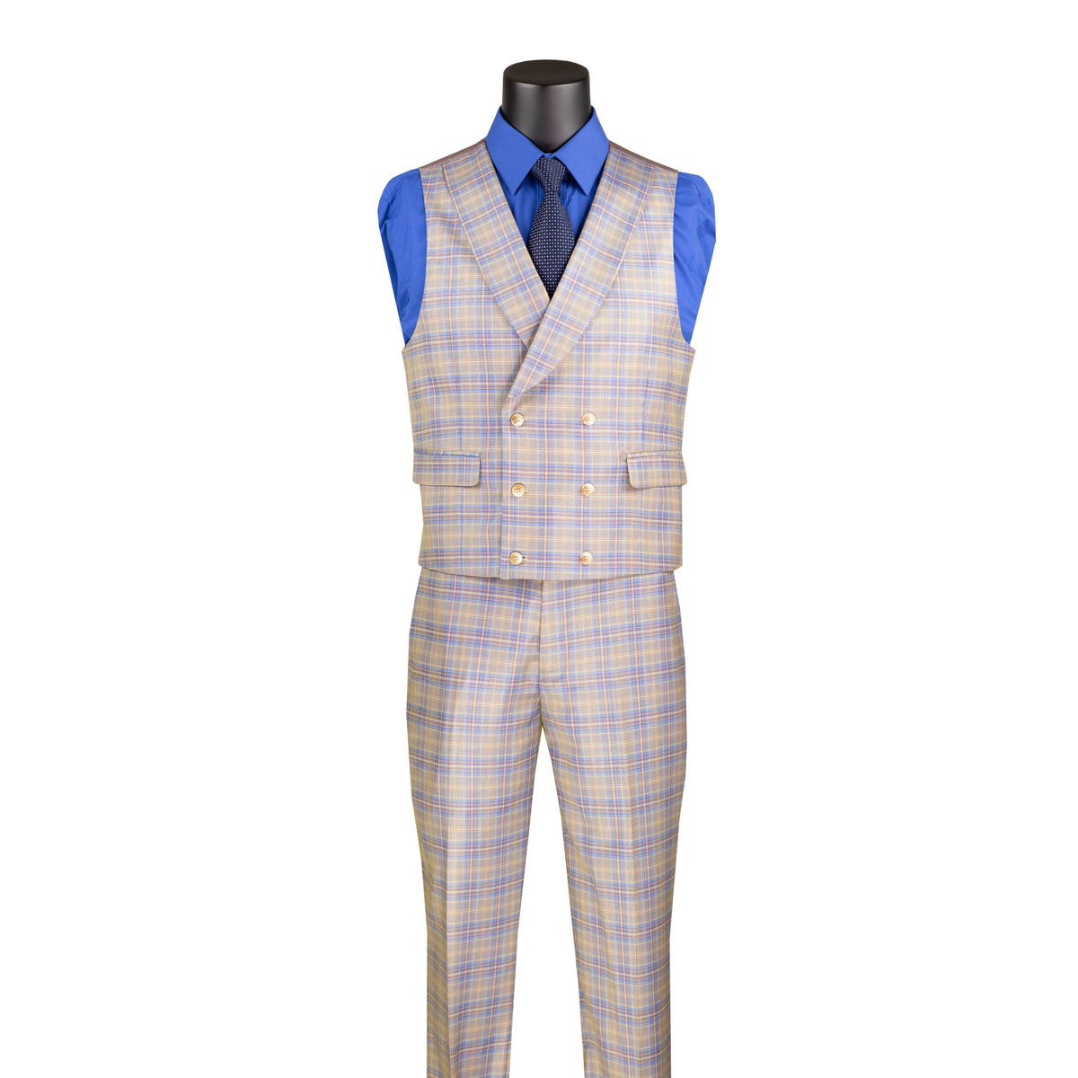 Blue and beige windowpane plaid double-breasted vest with shawl lapels and matching trousers, front view.