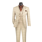 Khaki windowpane plaid three-piece suit with a double-breasted vest and matching trousers, front view.