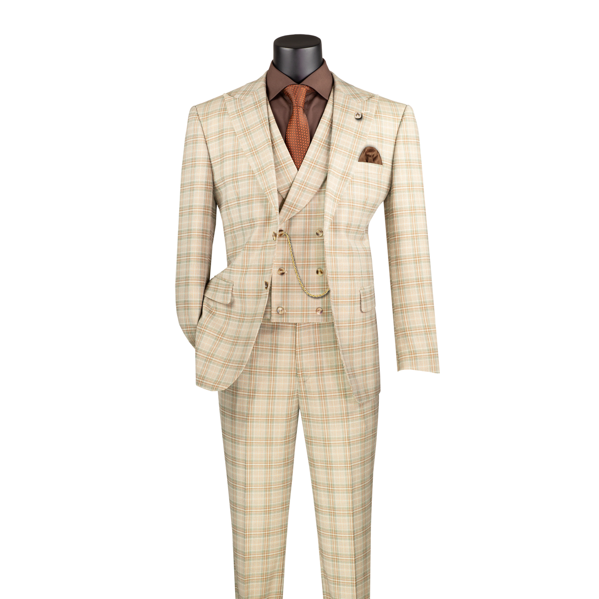 Khaki windowpane plaid three-piece suit with a double-breasted vest and matching trousers, front view.