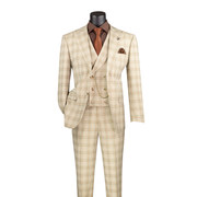 Khaki windowpane plaid three-piece suit with a double-breasted vest and matching trousers, front view.