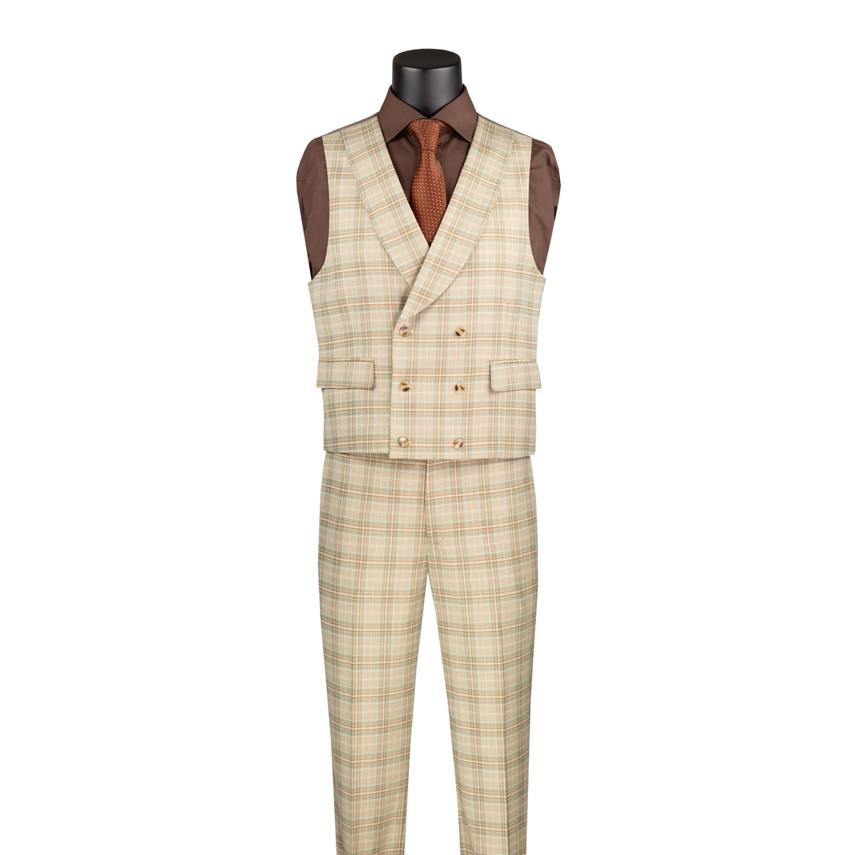 Khaki windowpane plaid double-breasted vest with shawl lapels and matching trousers, front view.