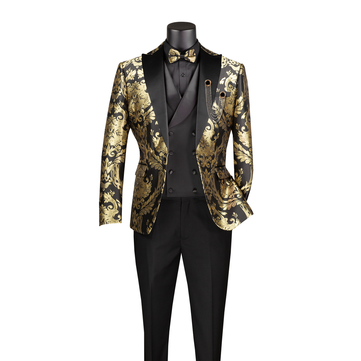 Men’s 3-Piece Jacquard Modern Fit Suit with Satin Lapel Vest - Black and Gold — full suit view