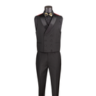 Black double-breasted vest with satin shawl lapels and black trousers, shown without the gold-patterned jacket.