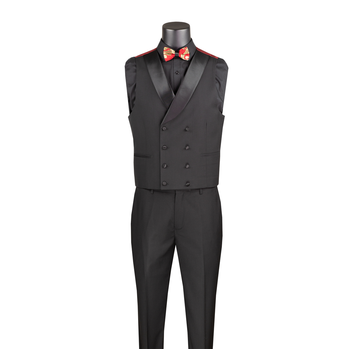 Black double-breasted vest with satin shawl lapels and black trousers, shown without the red-and-gold jacket.